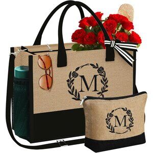 Personalized Jute Tote & Makeup Bag Set Custom Gifts for Women Mom Wife